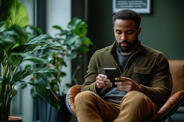 Focused businessman is using a smartphone while sitting in a comfortable chair in a modern office space with lush green plants, creating a productive and natural work environment