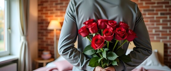 Romantic surprise: man hides red roses behind back in cozy bedroom