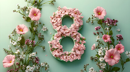 Beautiful floral decoration for the number 8 representing Women's Day in March. Generative AI.