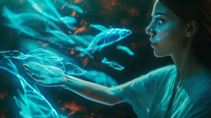 A young woman engages with vibrant blue holographic fish swimming in a surreal ambient environment. This dreamlike digital artwork is enchanting and futuristic. AI generated.
