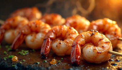 Grilled shrimp skewer close-up