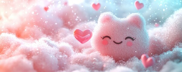 Obraz premium Whimsical cat character dreamy cloud setting digital art soft pastel colors playful atmosphere cute and heartfelt concept