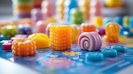 Colorful Candyland game pieces create a vibrant display on a white background