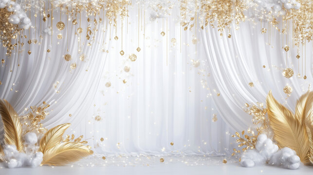 Luxurious white and gold wedding backdrop with sparkling details for elegant ceremonies and grand celebrations