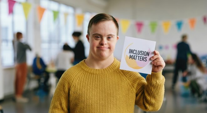 Smiling man with Down syndrome holding "Inclusion Matters" sign, multicolored banners in background
