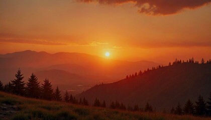 Obraz premium Sunset Over Mountain Range with Tree Silhouettes