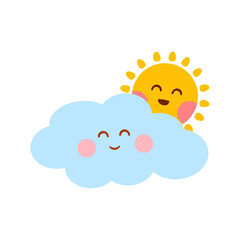 Cute sun and cloud character with happy smile. Flat illustration