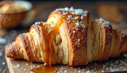 Croissant with Apples and Syrup on Wooden Board