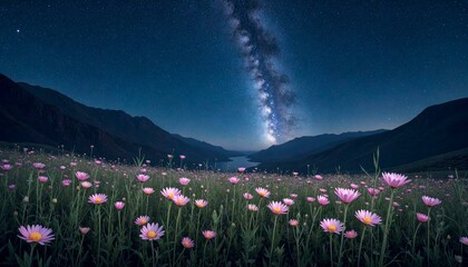 Pink Flowers Under Starry Sky with Mountains