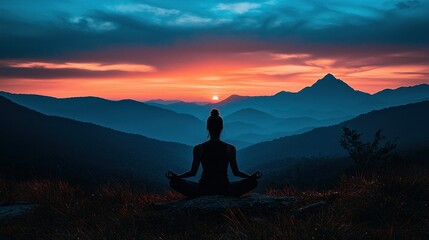 Obraz premium Woman meditates at sunset, mountain view, serenity