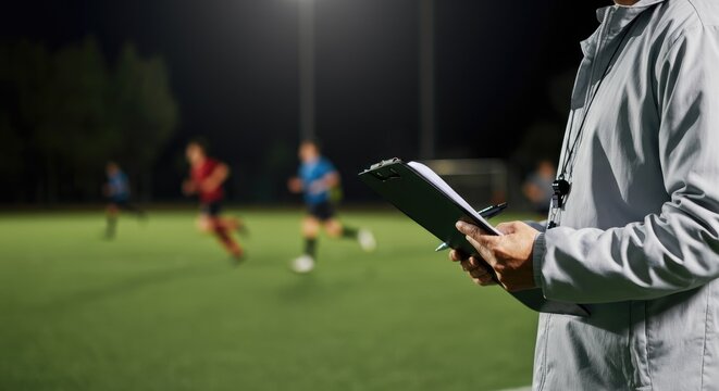 Coach with clipboard overseeing nighttime soccer practice, focusing on strategy