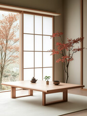 Harmonischer Raum mit minimalistischer Einrichtung und einem kleinen Baum

