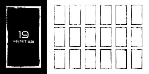 Vector illustration. Set of 19 frames in grunge style. Dirty borders collection on white background. Ink brush stroke design elements for social media stories, flyer, voucher, coupon, leaflet