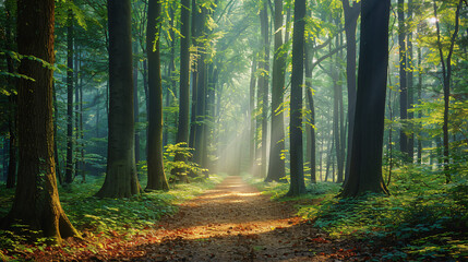 Obraz premium A peaceful forest pathway surrounded by tall trees and soft sunlight filtering through the leaves, with no people in sight. The serenity of nature invites a calming escape from the busy world.