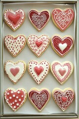 Fototapeta premium Delightful assorted valentine heart cookies with intricate designs on a baking sheet
