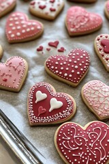 Assorted heart cookies with intricate icing designs on baking tray