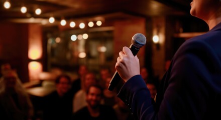 Person giving speech in dimly lit venue holding microphone