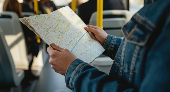 Person in denim jacket holding map on bus, planning travel route - Powered by Adobe