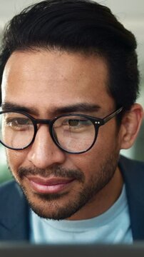 Glasses, laptop and journalist man in office, editing news draft and email source to verify story. Closeup, publishing agency and online for column research, proofreading and reporter for spell check