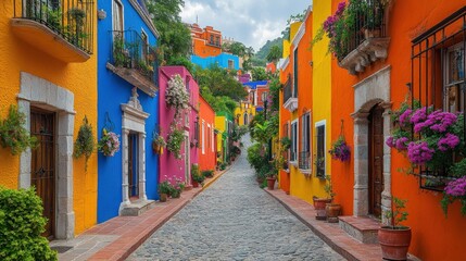 Fototapeta premium Colorful colonial street filled with vibrant houses and flowers in Guanajuato