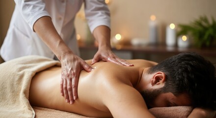 Man receiving relaxing back massage in spa with candles background