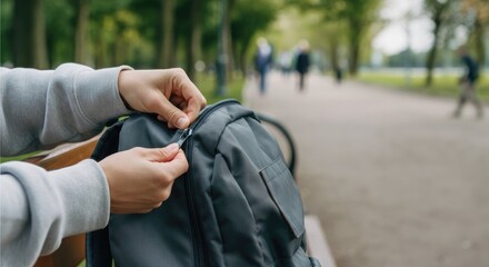 Person zipping backpack while sitting on bench in park