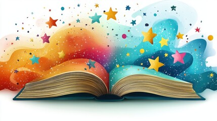 Doodle-style book releasing colorful stars and whimsical designs in serene backdrop
