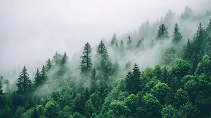 Misty Mountain Forest Trees Enveloped In Fog