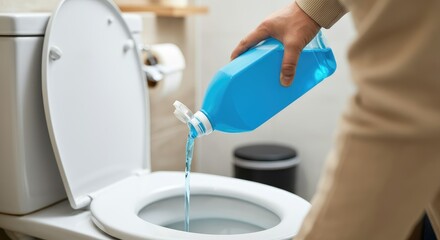 Man pouring blue cleaning liquid into white toilet