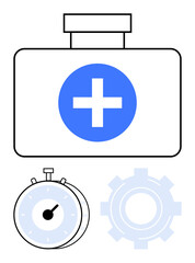 Medical case with cross, stopwatch for time, gear for processes. Ideal for healthcare, time management, emergency services, medical systems, efficiency, optimization abstract line flat metaphor