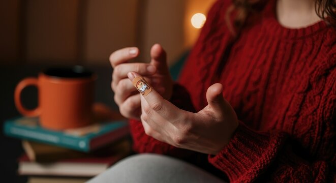 Woman in red sweater with bandaged finger and mug background