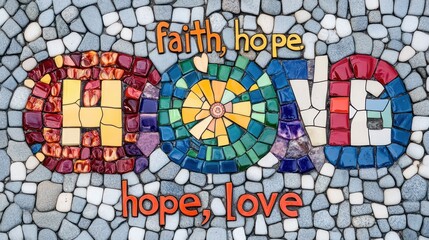 Obraz premium Colorful mosaics display the phrases faith, hope, and love, serving as reminders of spiritual connection and the essence of Christianity during Easter celebrations