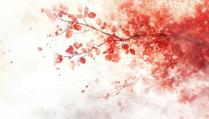 Fototapeta premium Elegant Coral and Pale Grey Watercolor Background, Hand-Drawn Plants, Leaves, and Fine Details