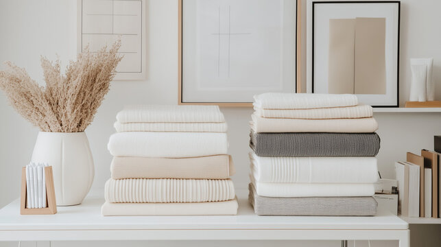 Piles de linge de maison blanc et beige, style minimaliste &eacute;pur&eacute;