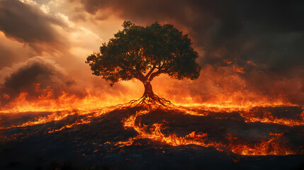 Massive sentient tree marching through a desolate burning landscape. Sentient Storms. Illustration