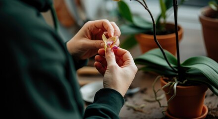 Hands tending to potted orchid indoors