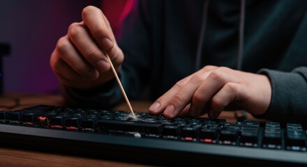 Person cleaning keyboard with toothpick under warm lighting