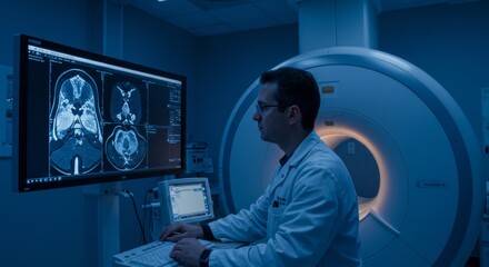 Obraz premium A radiologist studying a patient's MRI scan on a large monitor in a dimly lit radiology room