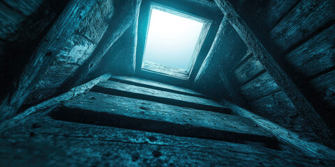 Window in old wooden attic of house under roof, view inside. Childhood fears, spooky haunted attic.