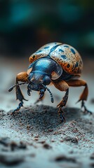 Naklejka premium Close up of a desert beetle leaving intricate tracks in the sand under soft morning light