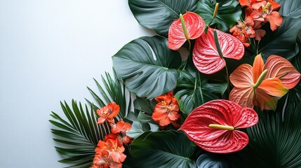 Fototapeta premium Tropical flower bouquet with heliconia and anthuriums on white background