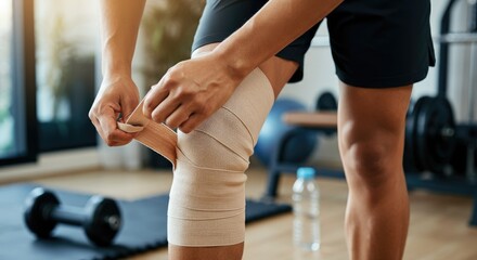 Close-up of person wrapping knee bandage in gym