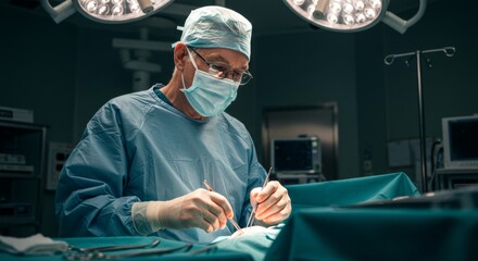A skilled surgeon performing a delicate operation, wearing a surgical gown and mask, in a sterile operating room