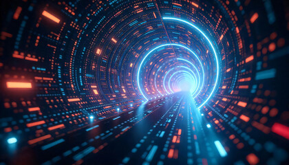 A time travel in the quantum dimension tunnel that looks strangely lit and futuristic. There are colorful lines of light shooting out from the center of the tunnel,