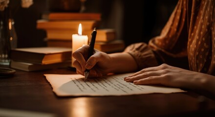 Person writing by candlelight in cozy setting