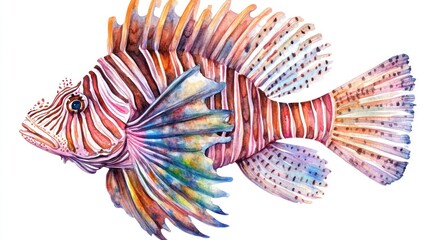 Fototapeta premium Vibrant Watercolor Lionfish Detailed Fins Colorful Scales