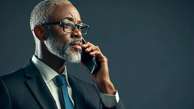 Confident businessman engaging in phone conversation with assertive expression and professional attire