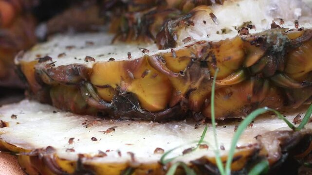 Pineapple in the compost bin with fruit flies.