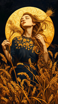 Eine mystische Gestalt in goldener Kleidung, umgeben von reifem Getreide. germanische G&ouml;ttin Sif

