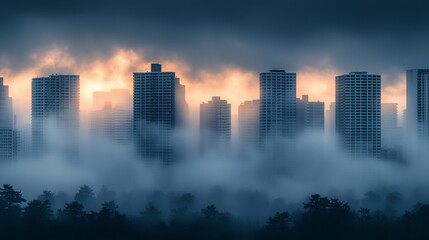 Fototapeta premium Foggy skyline at dawn with towering buildings silhouetted against a dramatic sky